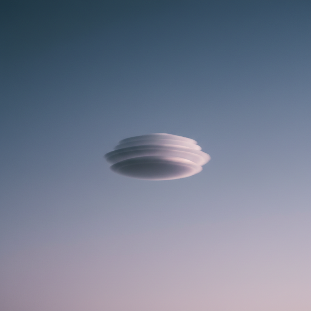 A meticulously detailed close-up of a single, isolated lenticular cloud, its smooth, lens-shaped profile hovering in a refined, gradient sky transitioning smoothly from slate blue to cool lavender hues. The cloud’s unique layered structure exhibits subtle tonal variations along its gentle curves, illuminated by soft, diffused light from the late afternoon. No discernible landscape distracts; the emphasis stays on the cloud’s elegant symmetry and minimalist beauty. Captured with a shallow depth of field and centered framing, the atmosphere is calm and introspective. The scene’s photographic minimalism, subdued palette, and refined details reinforce the high-end artistic focus of the site.