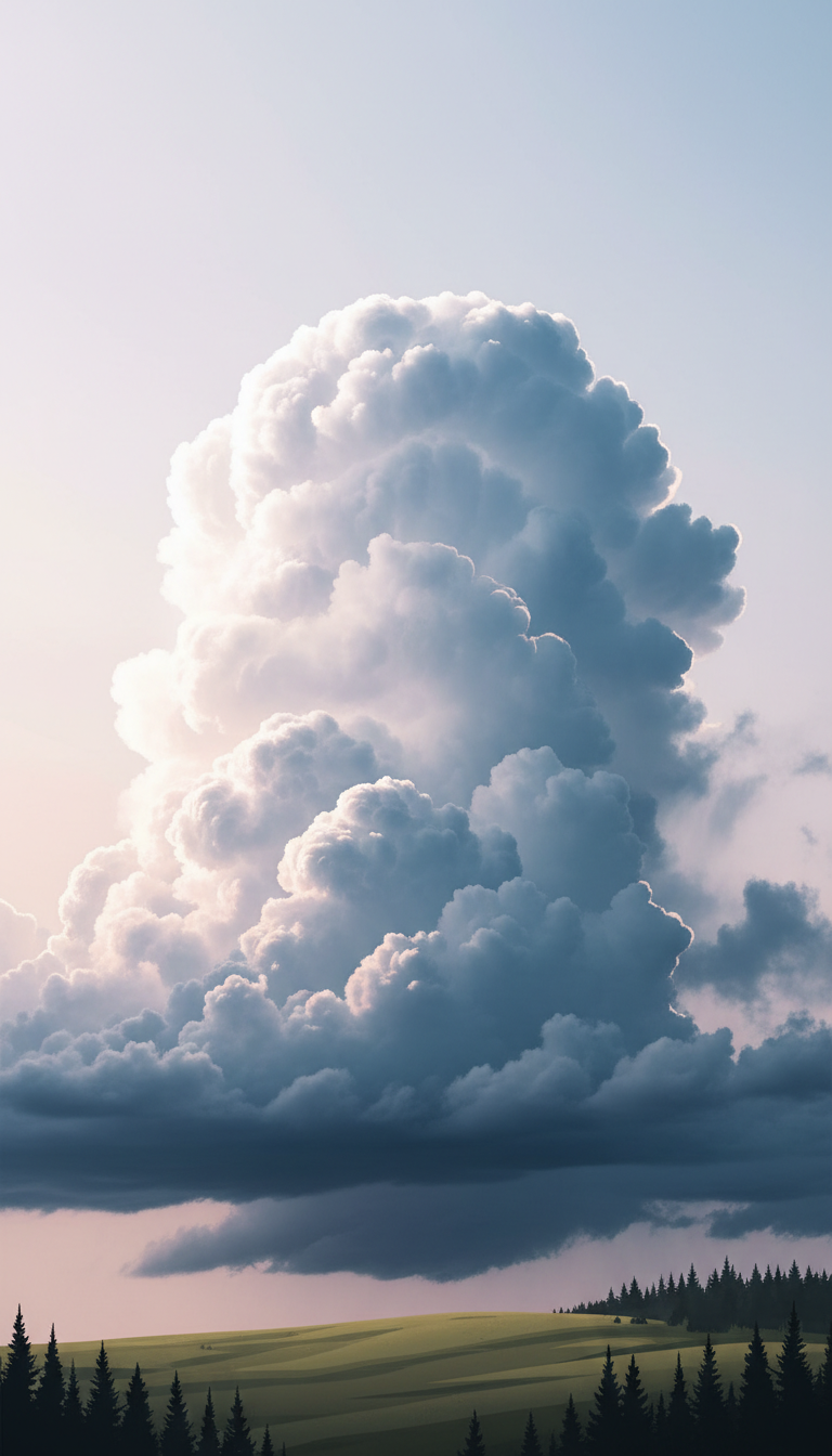 A single, towering anvil-shaped cumulonimbus cloud dominates the center of the frame, its imposing contours rendered crisply against a barely-there pastel sky. Subtle gradients of white and steel blue trace the cloud’s billowing edges, which are softly rimmed by diffused midday sunlight. Below, spare natural elements such as the hint of a rolling hill or minimalist treeline anchor the composition without distracting from the main subject. The mood is awe-inspiring yet reserved, highlighting the grandeur and sculptural beauty of storm clouds. Photographed with dramatic, slightly upward-tilted perspective and balanced composition, the image embodies sophisticated photographic realism and minimalism suited to a high-end cloud photography site.